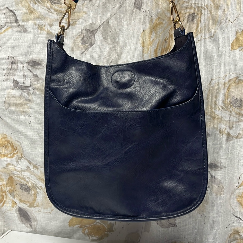Vegan leather navy blue Ahdorned bag with interchangeable straps